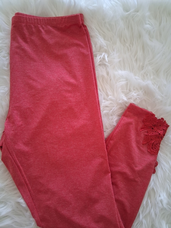 No Brand Pants - Women's Red Leggings with Lace Hem - Unbranded